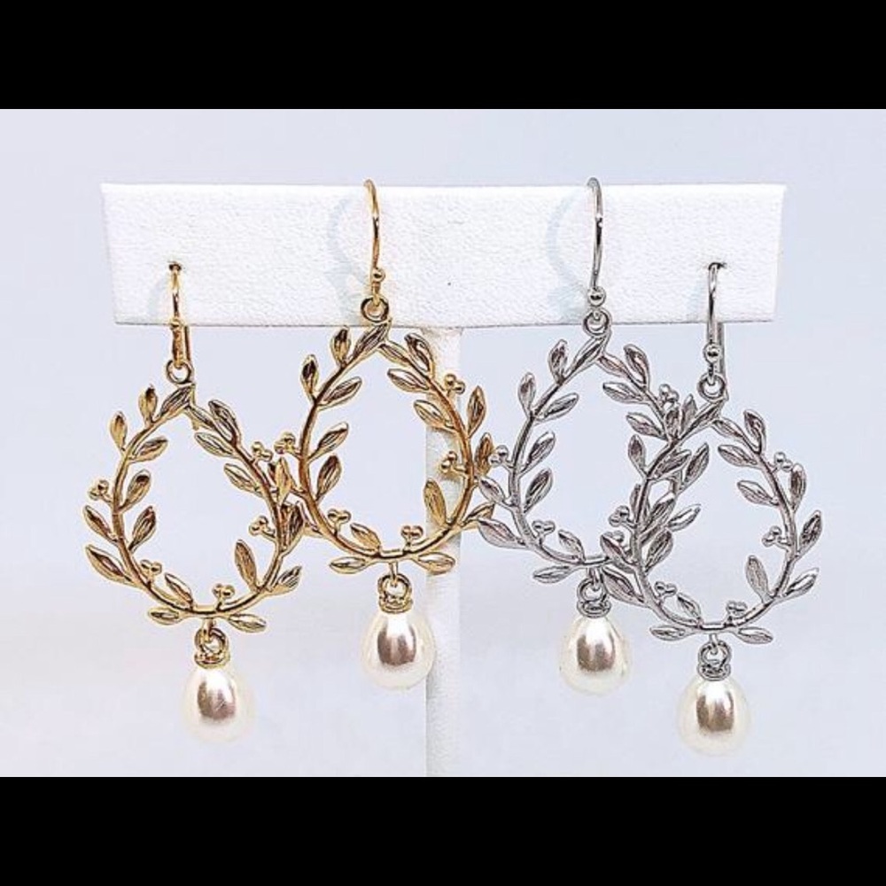 Vine Earrings w/ Faux Pearl Dangle Silver or Gold